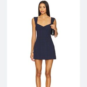 For Love & Lemons Navy and Black Gingham Sweetheart Mini Dress